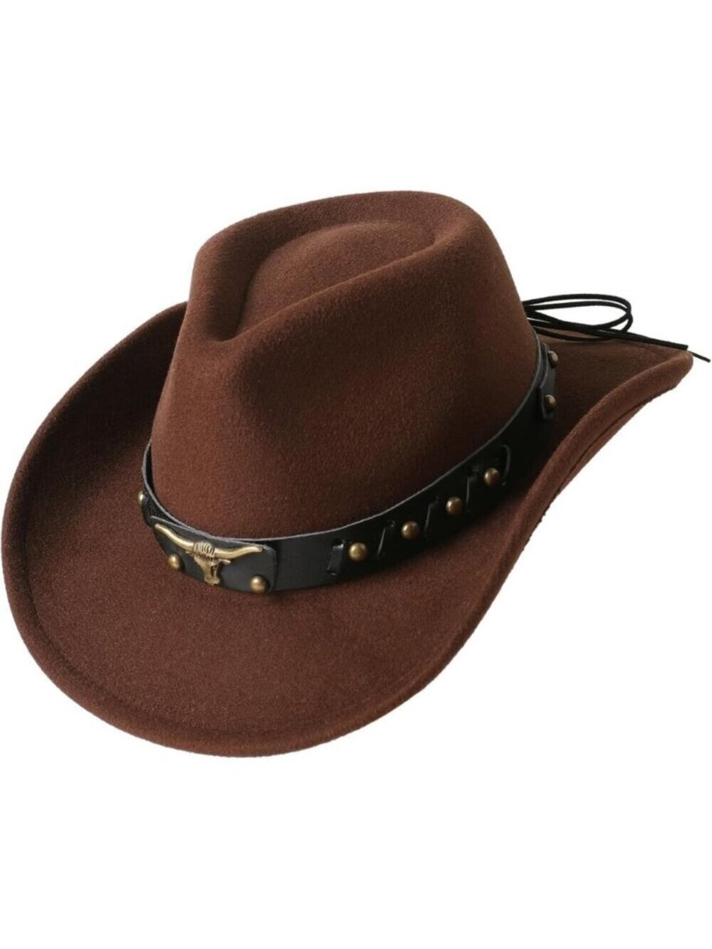 Kid's Brown Western Studded Leather Bull Skull Band Classic Fedora Cowboy Hat
